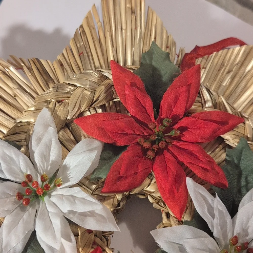 Vintage Holiday Swedish‎ Braided Straw Star Christmas Wreath Poinsettia Rare